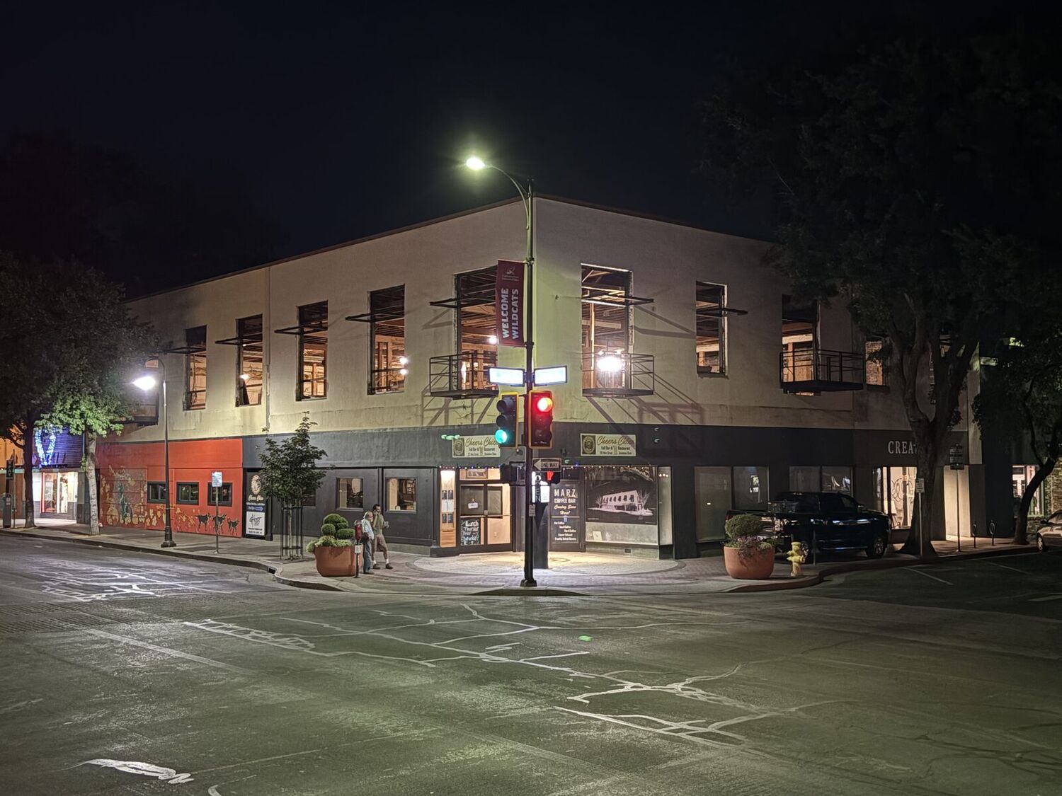 Main Street Lofts balconies installed on the building at night in Chico, 2 of 2